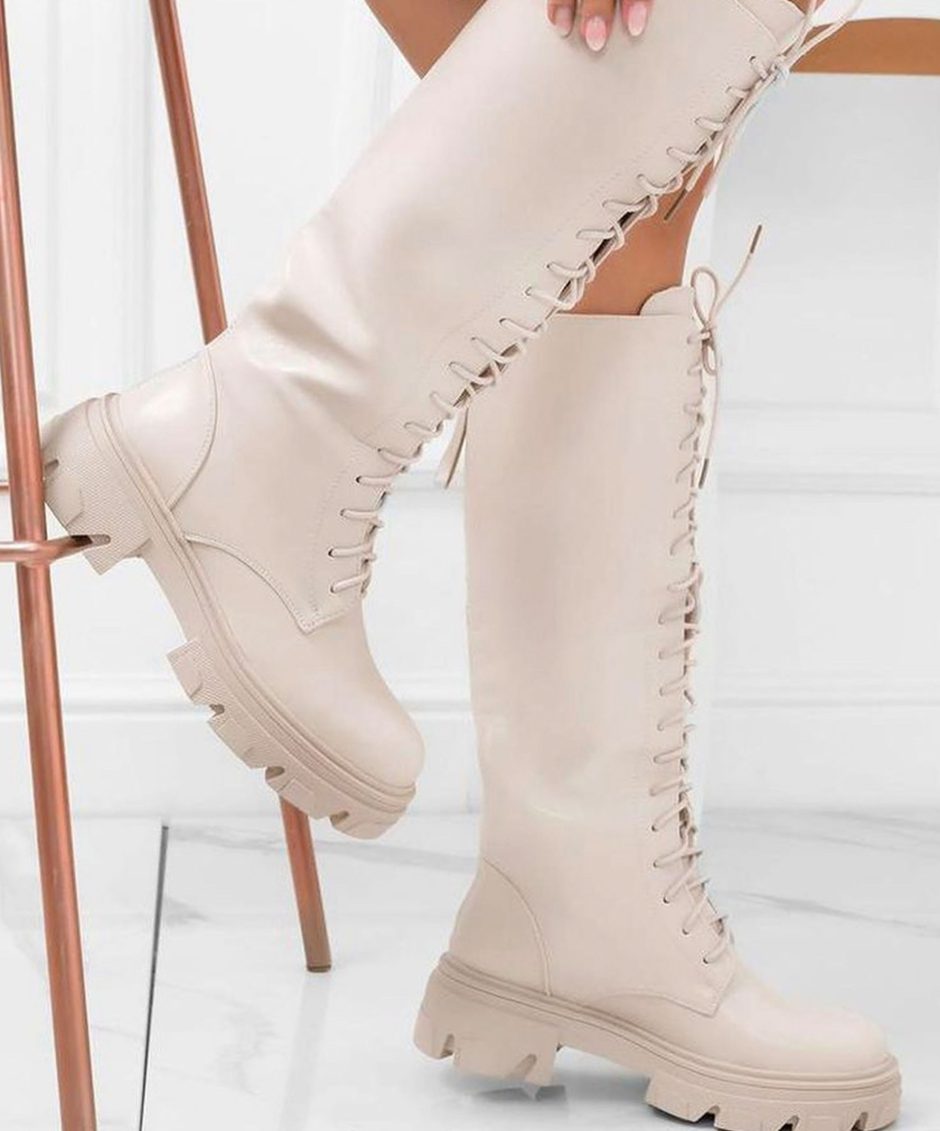 BEIGE LACE FRONT KNEE BOOT