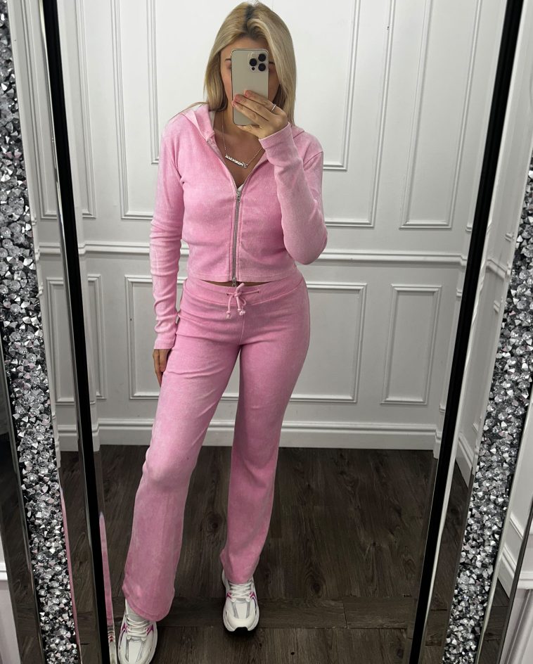 Acid Wash Zip Hoodie Flare Loungewear Co Ord
