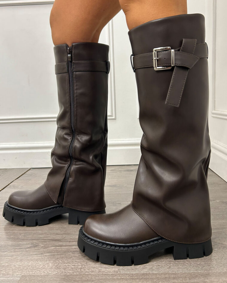 Brown Fold Over Buckle Boots