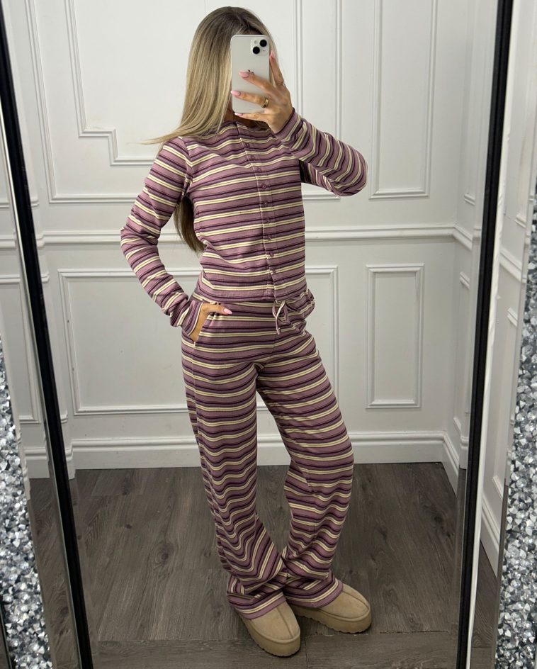Button Front Stripe Loungewear Co Ord