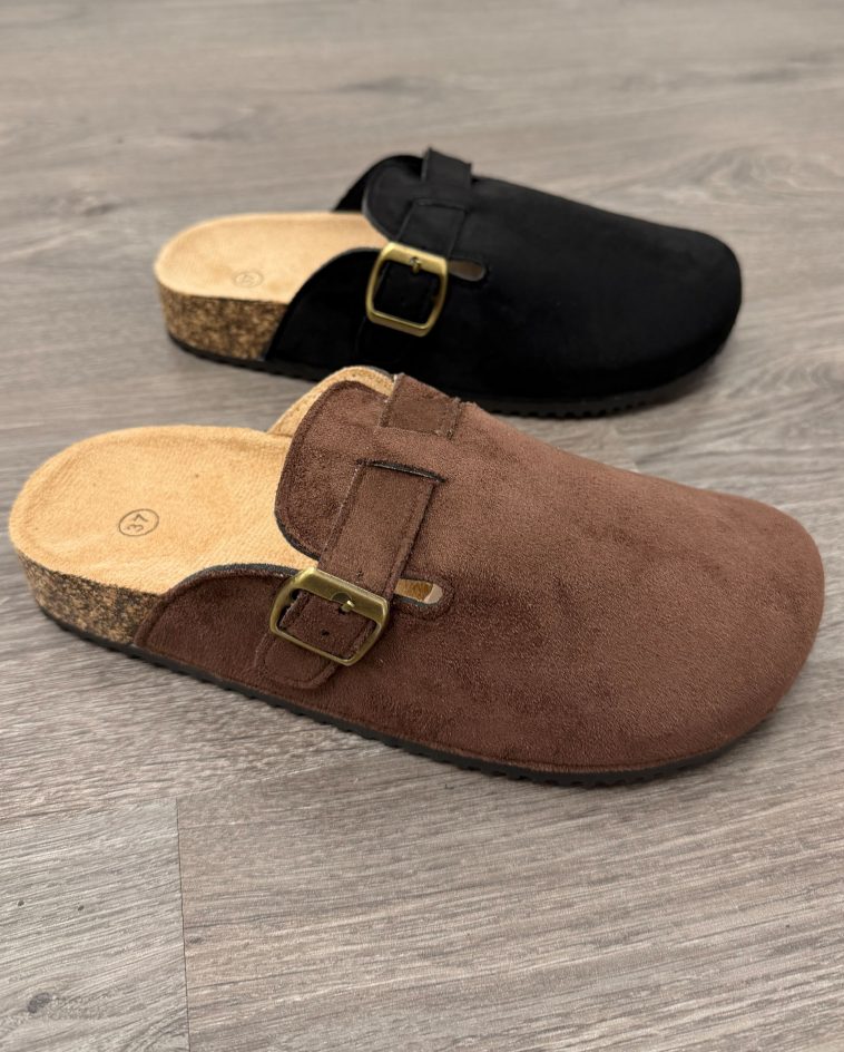 Faux Suede Buckle Mules