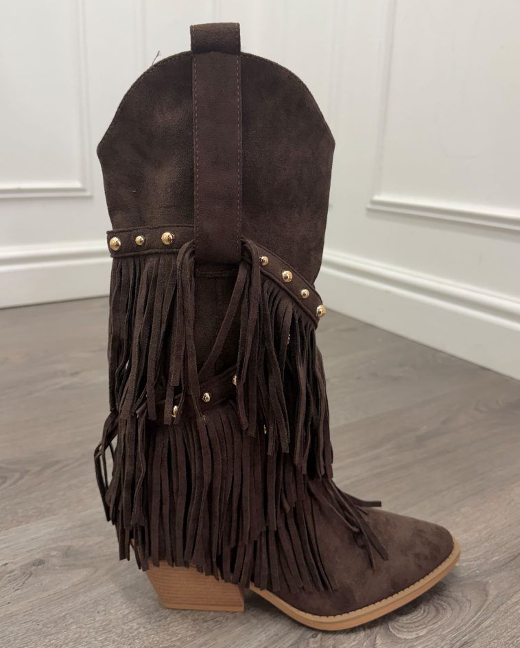 Brown Faux Suede Fringe Boots